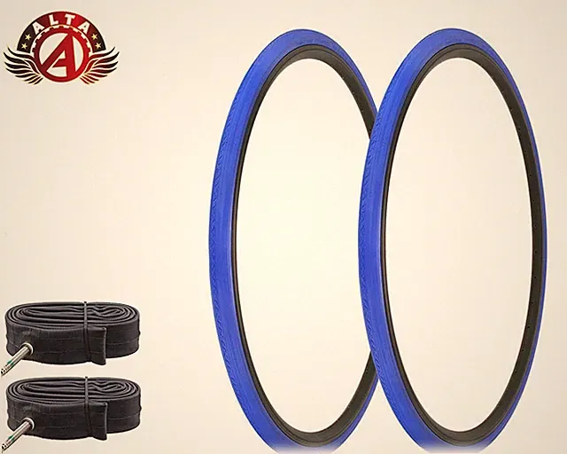 2 ALTA BICYCLE 700 x 28c LIGHTWEIGHT BLUE TOURING TIRES w/60MM PRESTA TUBES.