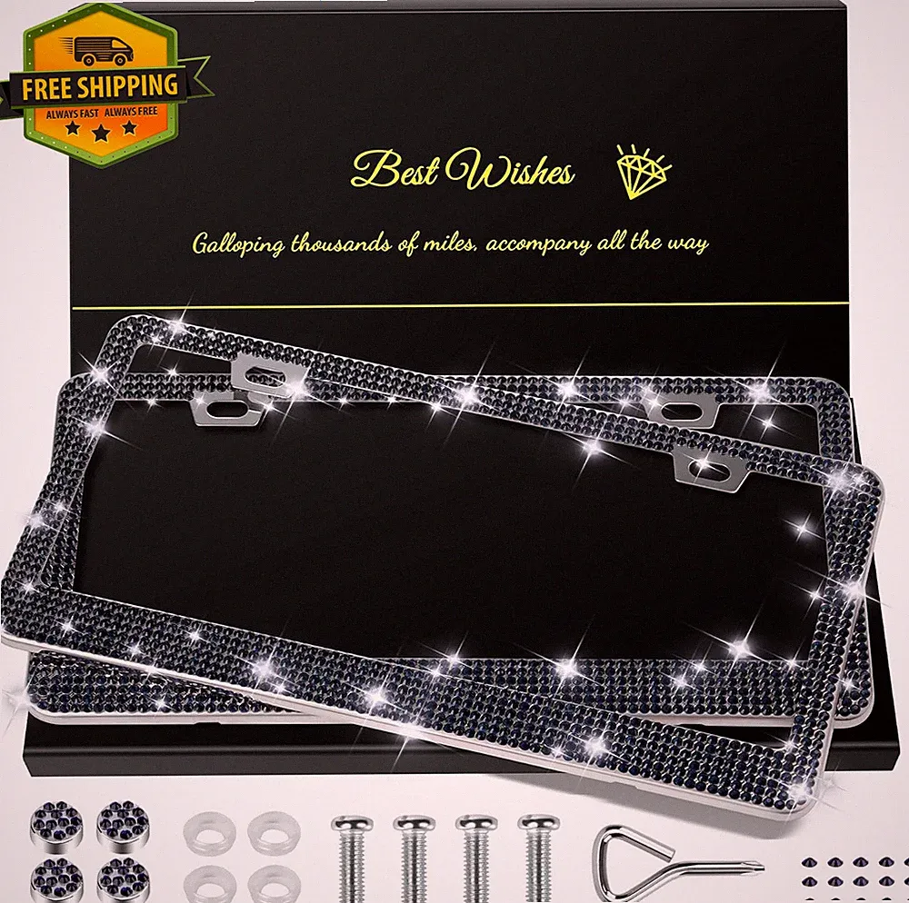 2 Pack Bling License Plate Frames Rhinestone Crystal Navy Blue