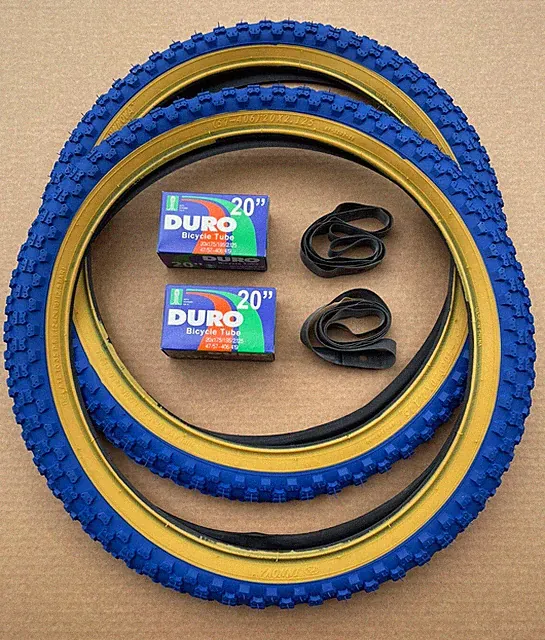 Bicycle Tires + Tubes 20 x 2.125 Blue/Gum Wall BMX GT Dyno Knobby Classic Style