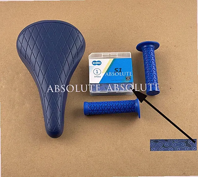 BLUE DIAMOND STITCHED BMX BIKE SADDLE W/ BMX KMC CHAIN &TRIANGLE STYLE GRIPS.