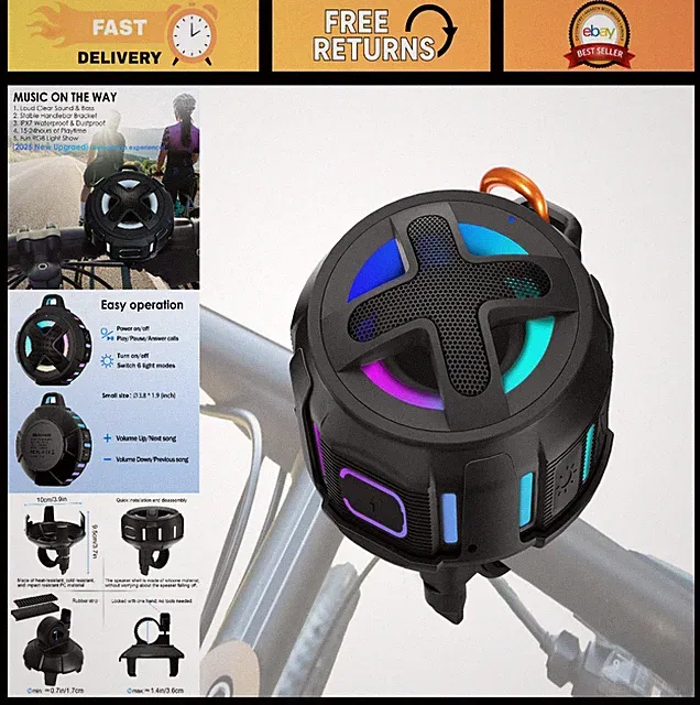 Bluetooth Bike Speaker with Handlebar Mount, IPX7 Waterproof, 10W Bass, 15-24H P