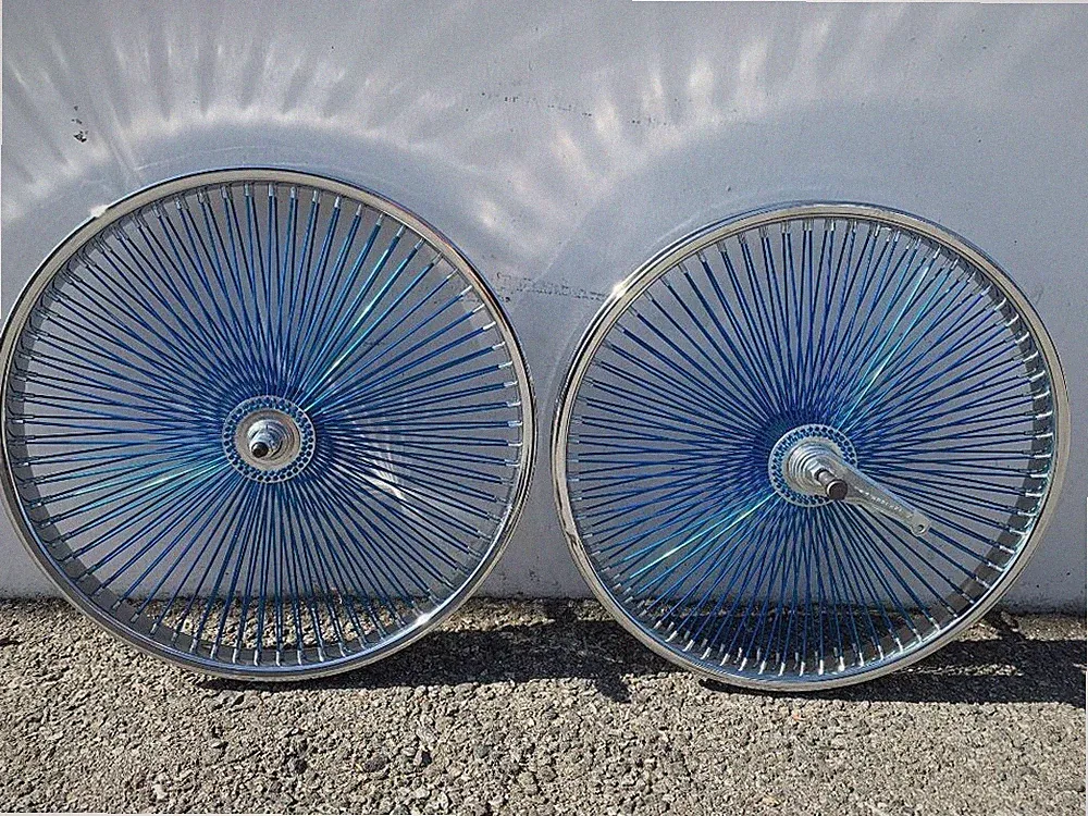 CHROME BICYCLE 26" X 2.125 STEEL WHEELSET 140 BLUE SPOKES LOWRIDER CRUISER BIKES