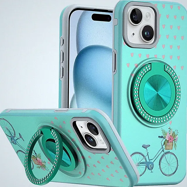For iPhone 15 Case Printed Design with Bling 360 Stand Cover + 2 Tempered Glass