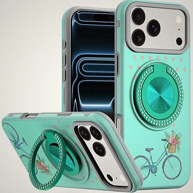 For iPhone 17 Pro Max Case Printed Design Bling 360 Stand Cover + Tempered Glass