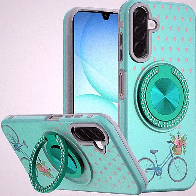 For Samsung A17 5G Case Printed Design w/ 360 Bling Stand Cover + Tempered Glass