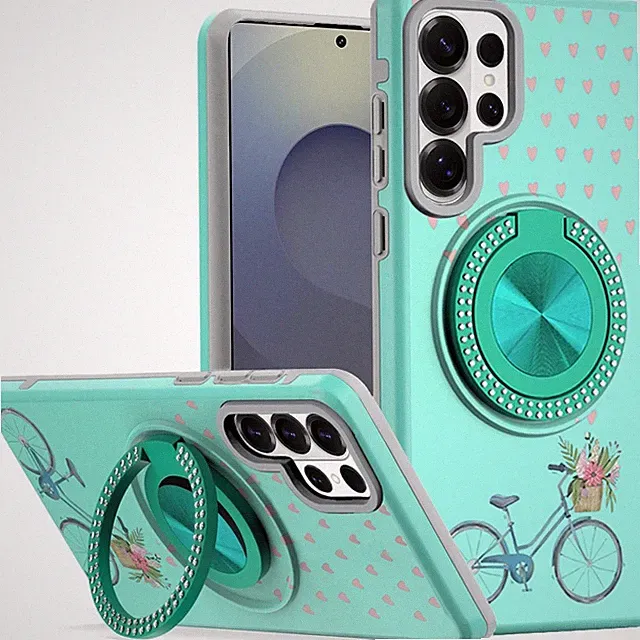 For Samsung S26 Ultra Case Printed Design with Bling 360 Stand + Tempered Glass