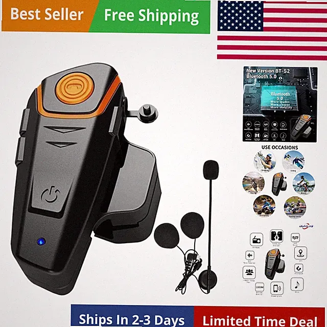 Motorcycle Bluetooth Headset, BT-S2 Bluetooth 5.0 Helmet Intercom Headset up...