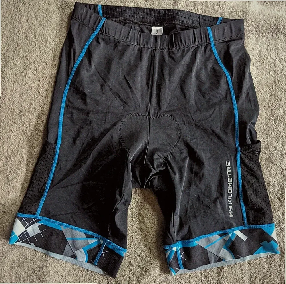 MY KILOMETRE Tri Triathlon Padded Cycling Shorts Mens Large L Bicycle Blue Black
