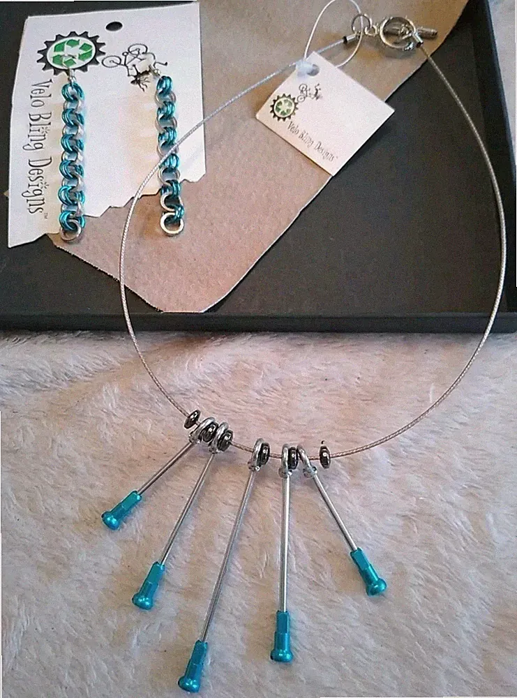 NEW! VELO BLING Blue Bicycle Bike Parts Necklace AND Earrings, Interesting!