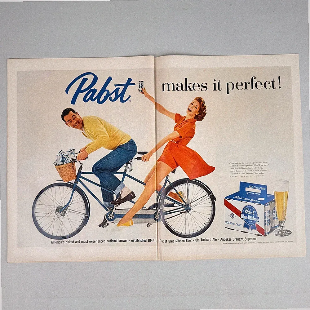 Pabst Blue Ribbon Beer Original 2-Page LIFE Magazine Ad Tandem Bicycle 1958
