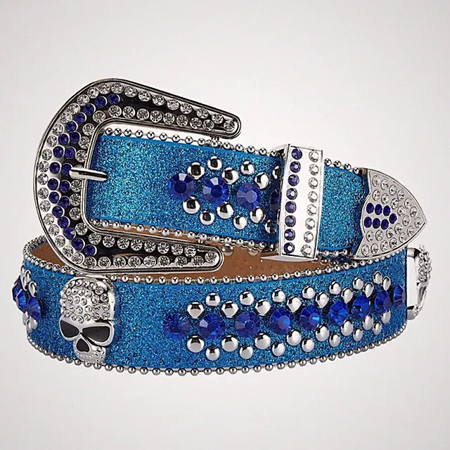 Premium Blue Leather Women Western Fashion Belt Skull Bling Rhinestones Crystal