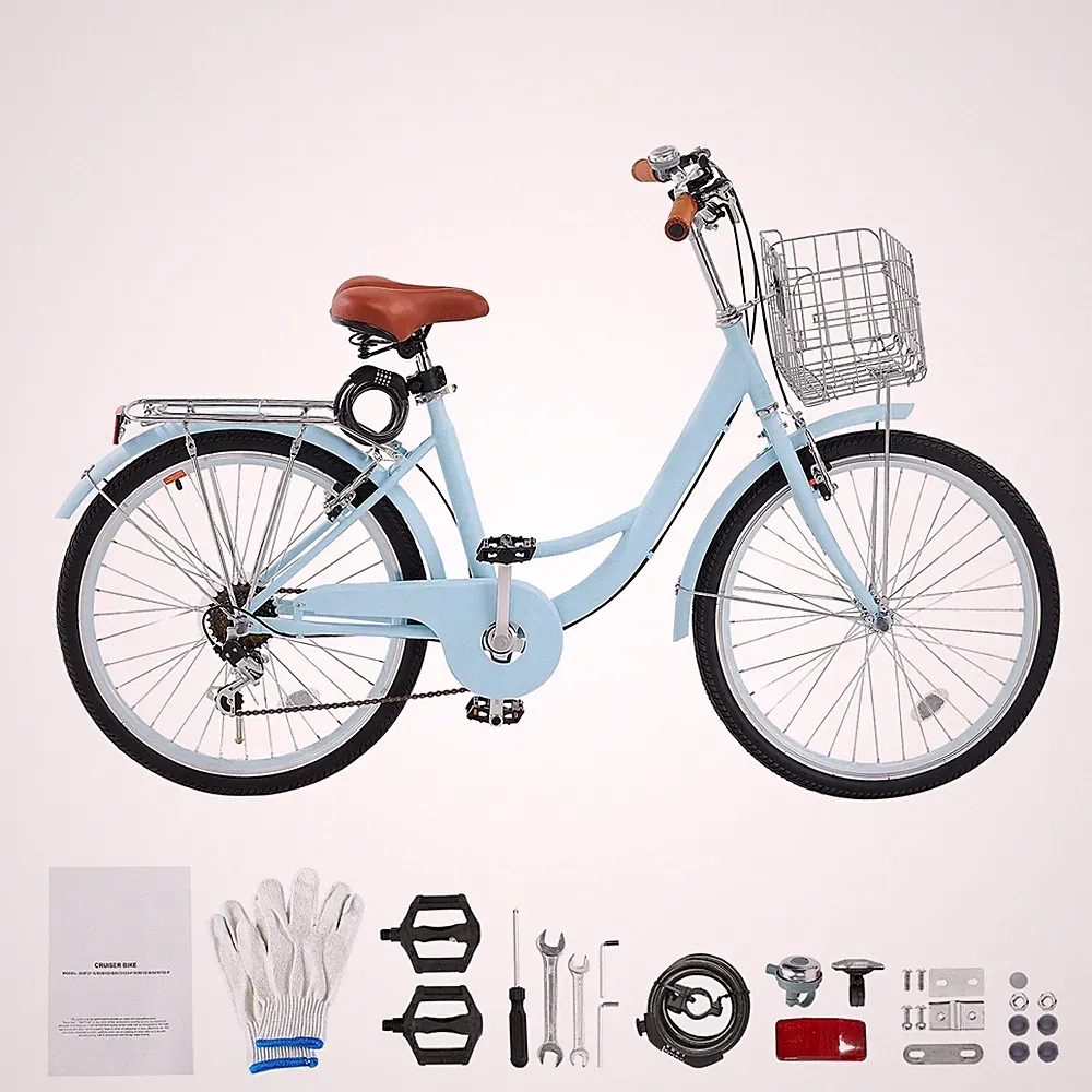 Uimoso 24-Inch 7-Speed Cruiser Bicycle in Light Blue with Basket