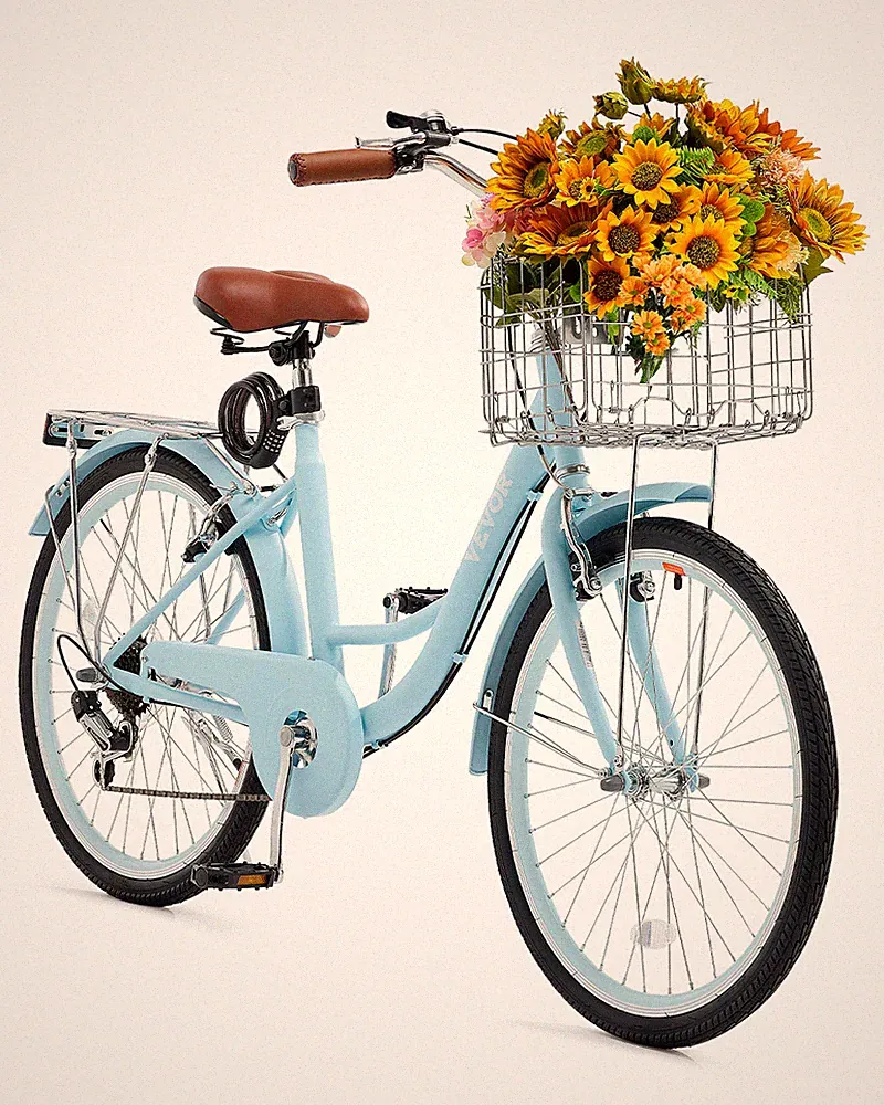 VEVOR 24-Inch Cruiser Bike 7-Speed Light Blue Beach Cruiser Bike with Basket